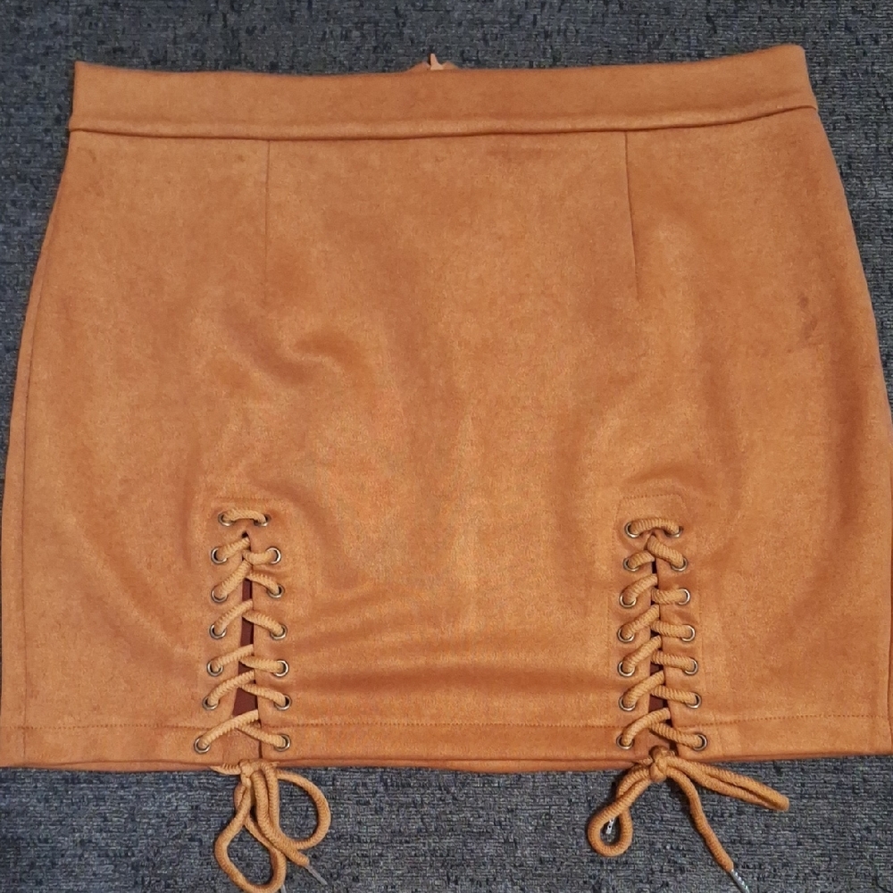 Suede-Look Lace-Up Mini Skirt in Cognac